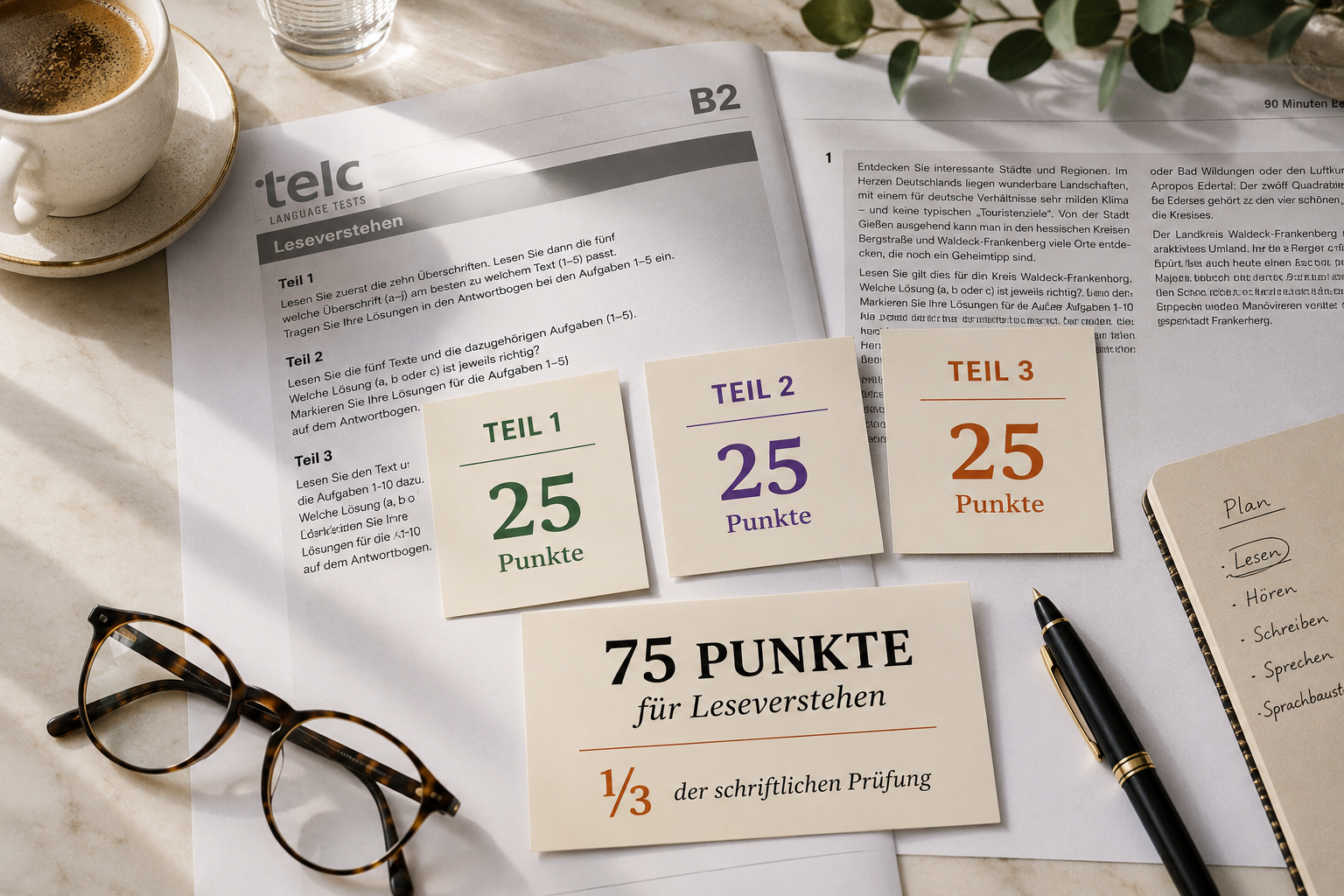 telc B2 Leseverstehen: Aufbau, Zeit, Punkte und Bewertung
