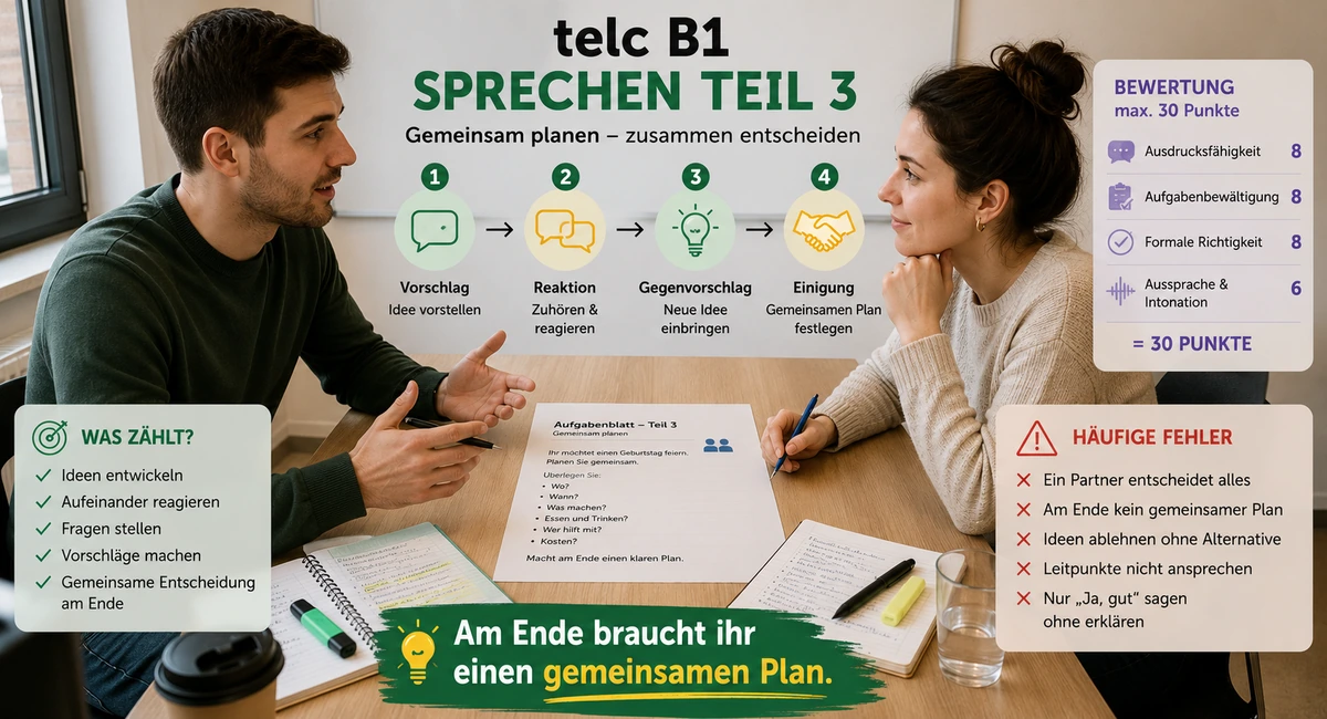 Sprechen Teil 3 bei telc B1: Aufbau, Bewertung und die häufigsten Fehler