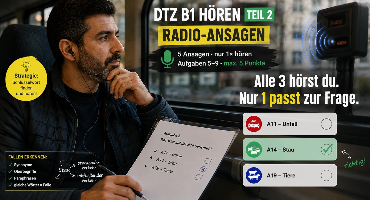 DTZ B1 Hören Teil 2: Radio-Ansagen, Strategie und Fallen