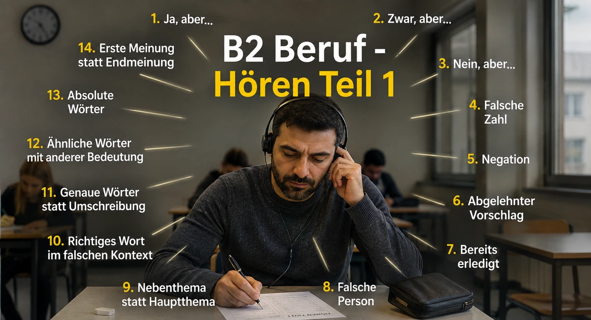 B2 Beruf, Hören, Teil 1: Strategie, Fallen und Tipps