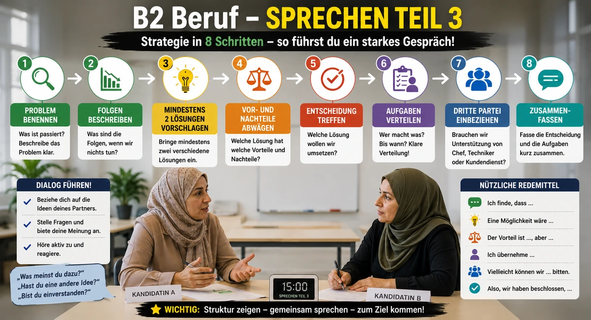 B2 Beruf, Sprechen, Teil 3: Strategie in 8 Schritten und Redemittel