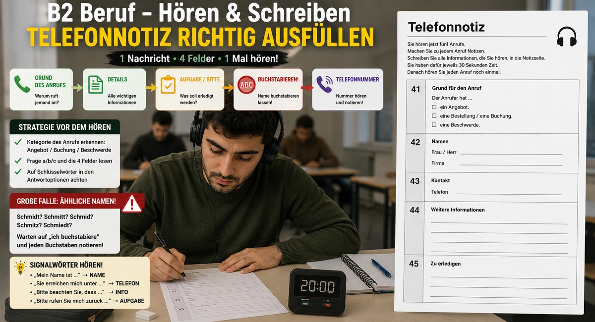 B2 Beruf, Hören und Schreiben: Telefonnotiz richtig ausfüllen